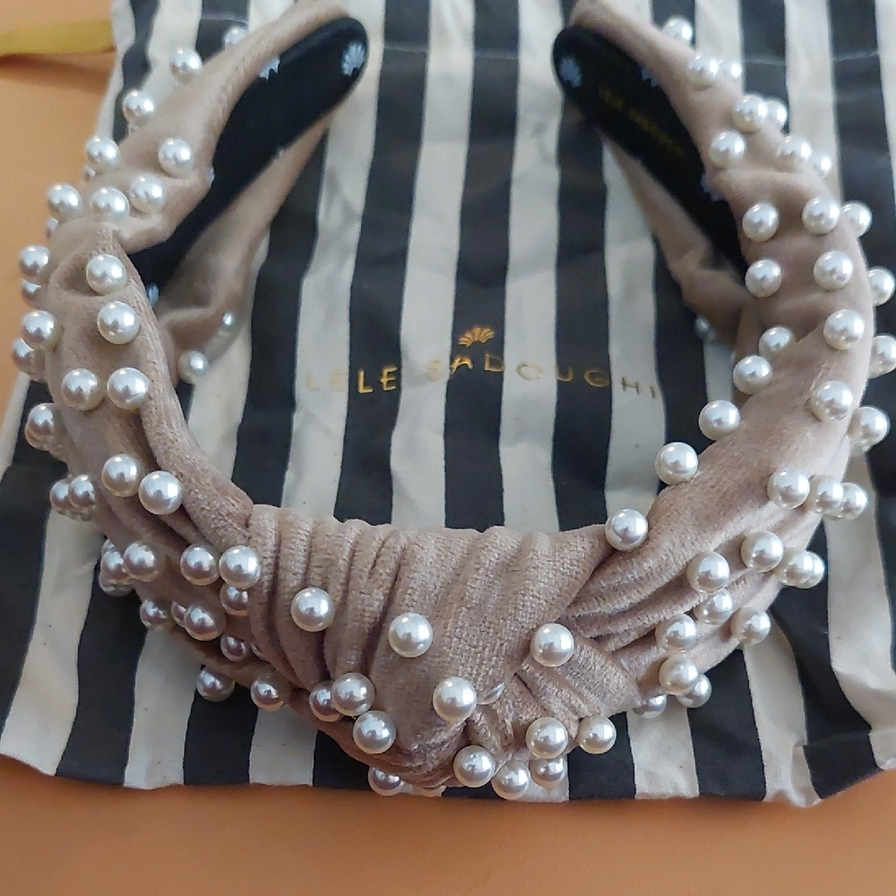 Lele Sadoughi Desert Tan And Pearl Studded Headband With Dust Cover